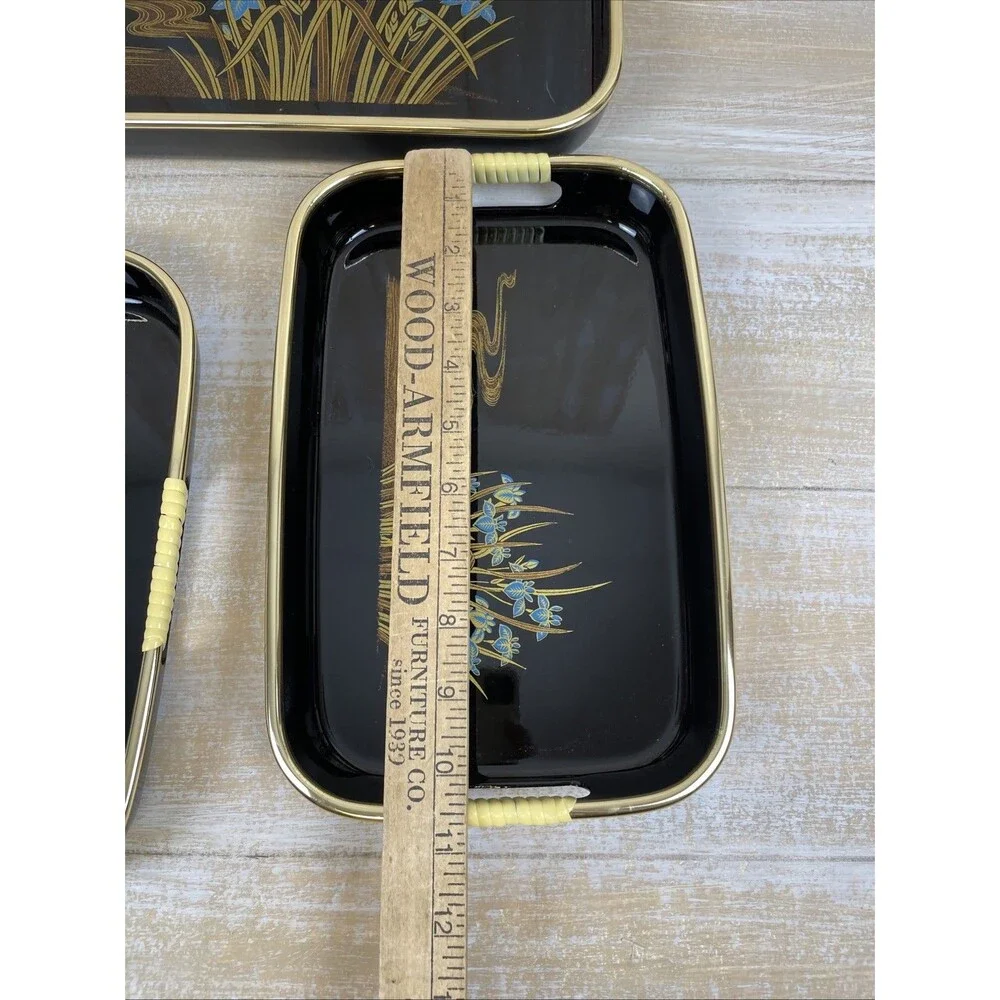 Vintage 3 Pc Nesting Serving Tray Set Lacquerware Iris Black & Gold Toyo Japan